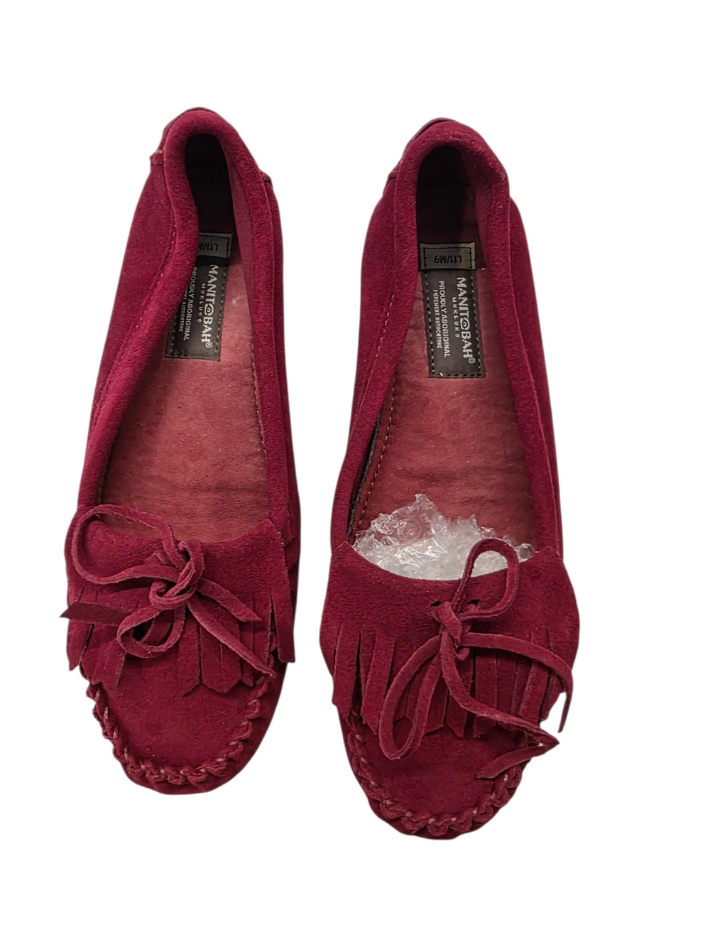 Manitobah Mukluks Burgundy Suede fringed Loafer made by The Natives Vibram Sole